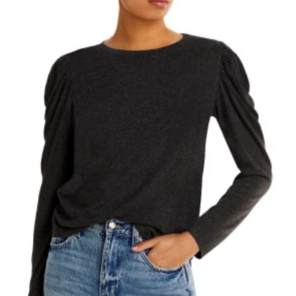 DREW dark gray ruffle puff shoulder crewneck stretch long sleeve top size small